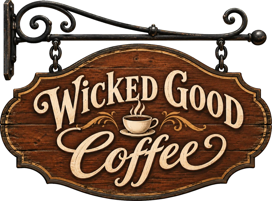 Wicked Good Coffee: a weathered wooden shop sign with a steaming cup, hanging from an iron bracket